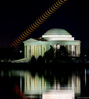 Moonstack of a 5.6% Waning Crescent Moon rising over the Jefferson Memorial