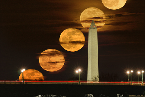 Moonstack of the Just-past Pink Moon rising over the Washington Monument