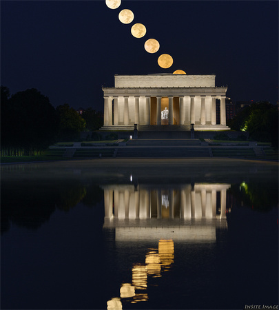 Moonstack of the Full Hunter's Moon setting over the Lincoln Memorial