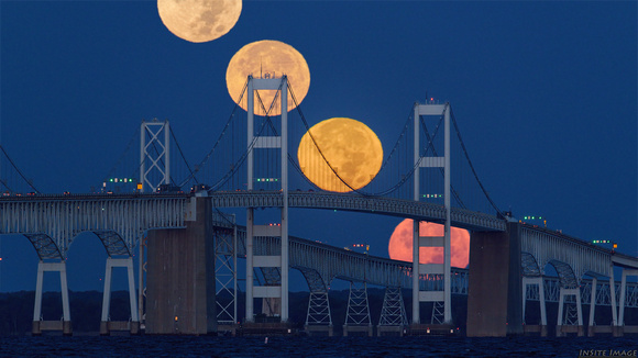 Full Moon / Hunter's Moon setting over the Chesapeake Bay Bridge (sequence)