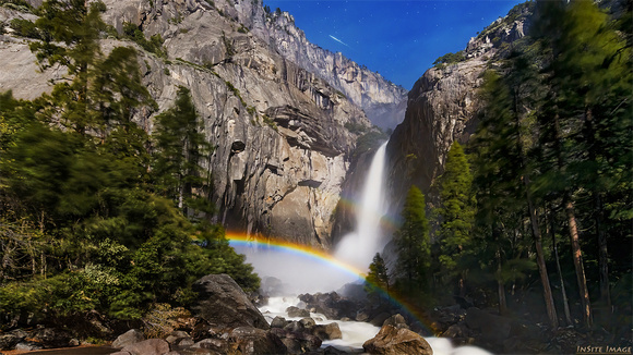 Lower Yosemite Falls Moonbows with a Lyrid Meteor